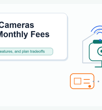 Illustration of indoor, doorbell, outdoor, local storage, and cloud security camera choices for a no-monthly-fee buyer guide.
