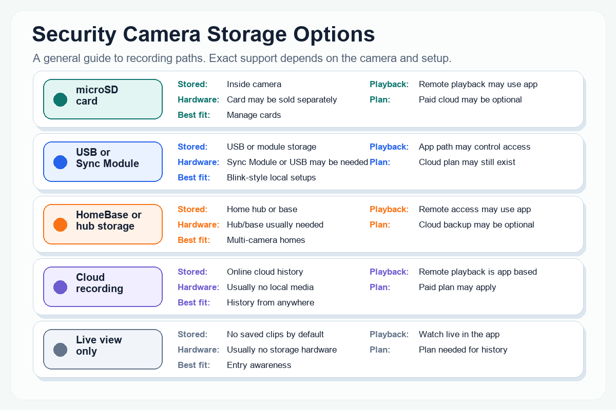 Infographic comparing security camera storage options including microSD cards, USB or Sync Module storage, hub storage, cloud recording, and live view only.